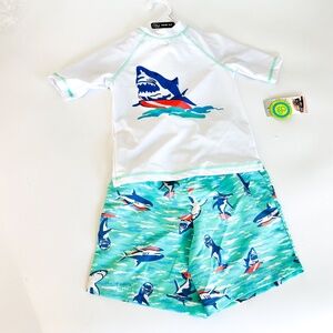 NEW Panama Jack Kids Shark Week 2 Piece Swim Trunks Rash Guard Set Boys Size 4